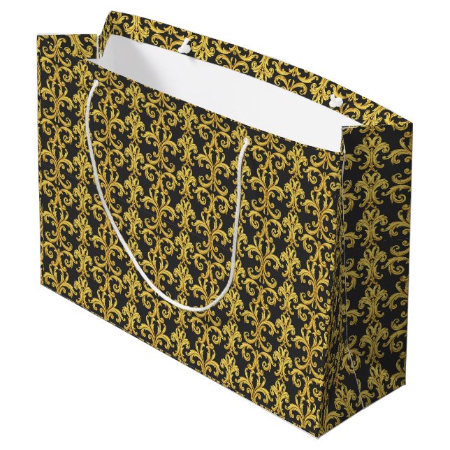 Elegant Rococo Revival Gold & Charcoal Baroque Large Gift Bag (Back Angled)