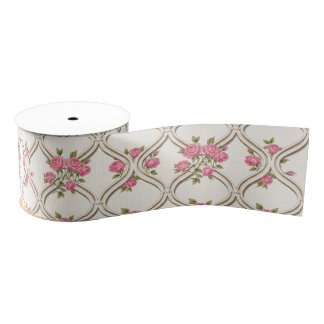 Elegant Rococo Revival Pink Floral & Beige Lattice Grosgrain Ribbon