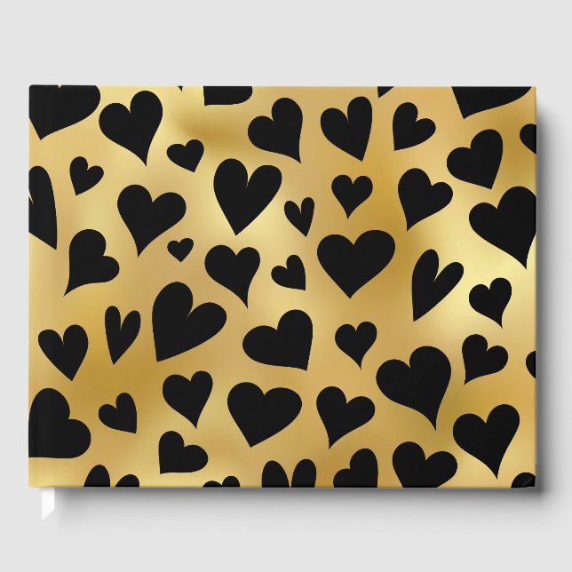 Elegant Romantic Black Gold Heart Pattern Guest Book (Front)