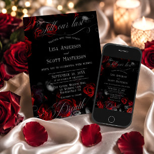 Elegant Romantic Black Red Floral Wedding Invitation