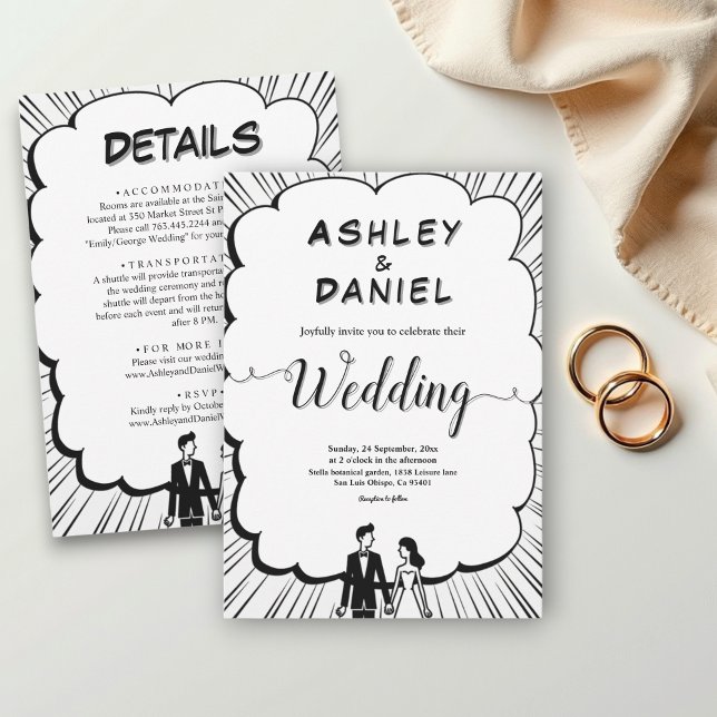 Elegant Romantic Black & White Comic Book Wedding Invitation (Creator Uploaded)