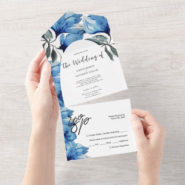 Elegant Romantic Blue Artistic Flowers All In One Invitation (Tearaway)