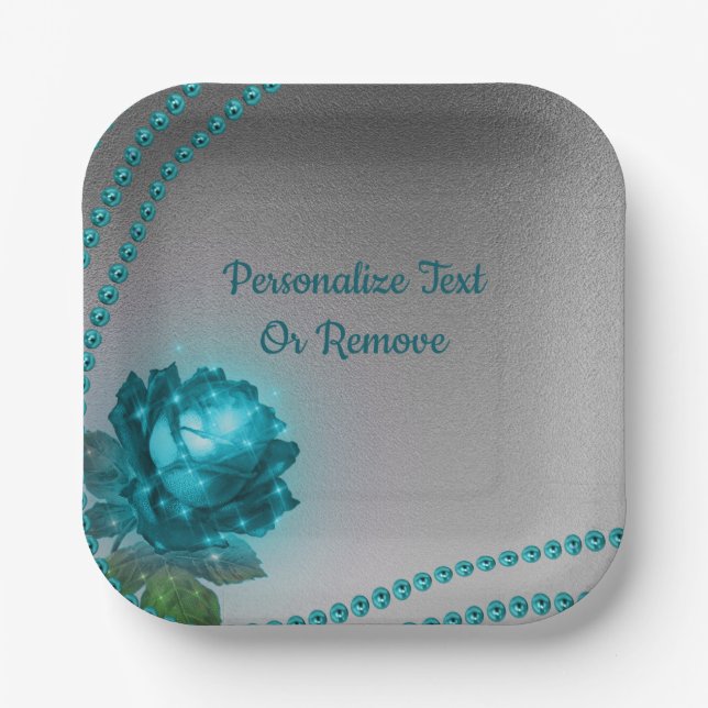 Elegant Romantic Blue Crystal Rose Pearls Chic  Paper Plate (Front)