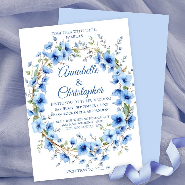 Elegant Romantic Blue Floral Wreath Wedding Invitation (Creator Uploaded)
