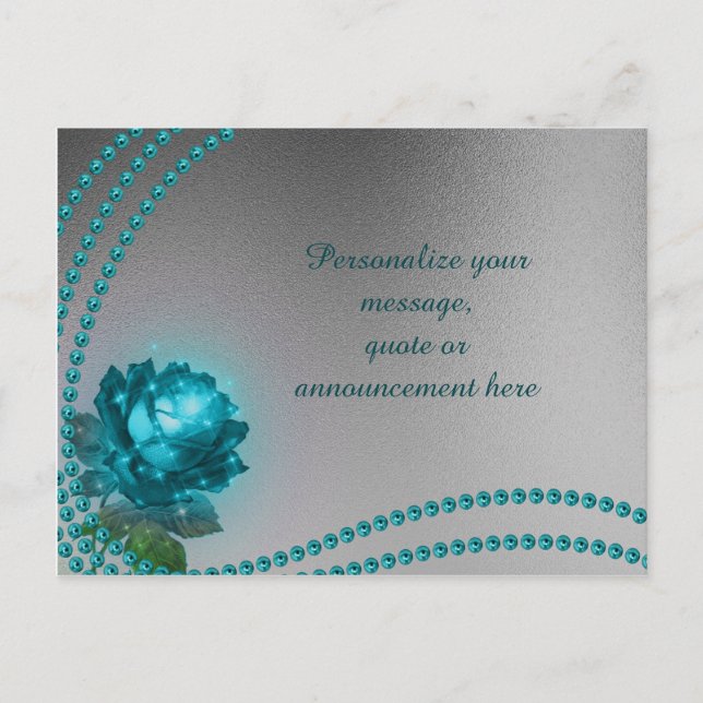 Elegant & Romantic Blue Rose & Pearls Personalise Announcement Postcard (Front)