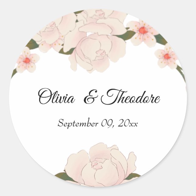 Elegant Romantic Blush Pink Floral Blossom Wedding Classic Round Sticker (Front)