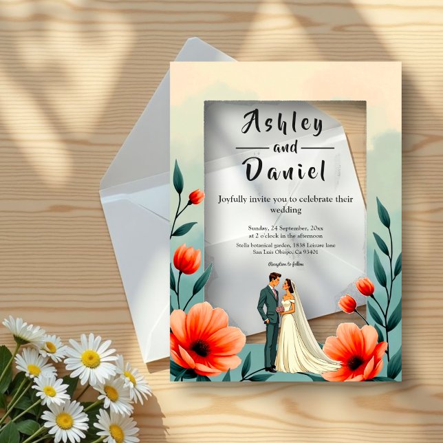 Elegant Romantic Bride And Groom Floral Wedding Acrylic Invitations (Creator Uploaded)