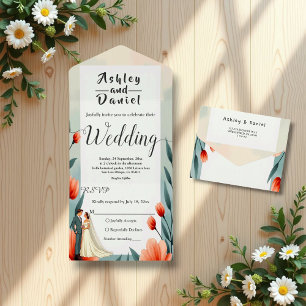 Elegant Romantic Bride And Groom Floral Wedding All In One Invitation