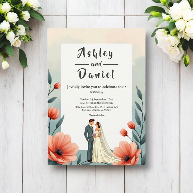 Elegant Romantic Bride And Groom Floral Wedding Invitation (Creator Uploaded)