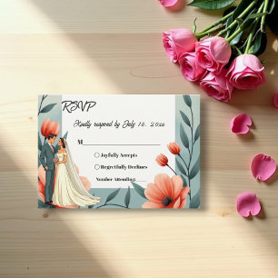 Elegant Romantic Bride And Groom Floral Wedding RSVP Card