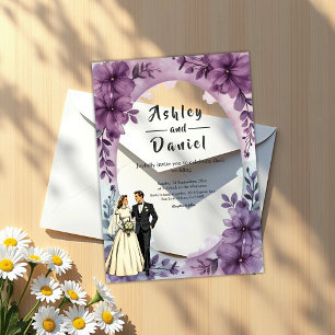 Elegant Romantic Bride Groom Purple Floral Wedding Acrylic Invitations