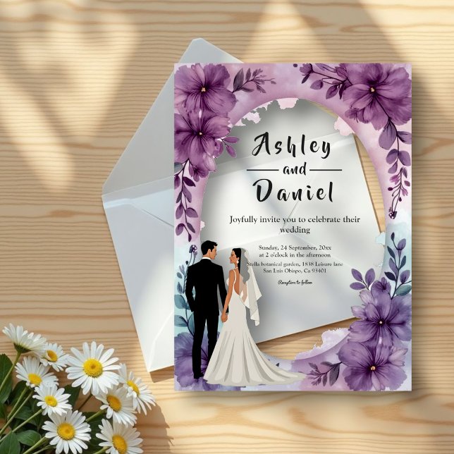 Elegant Romantic Bride Groom Purple Floral Wedding Acrylic Invitations (Creator Uploaded)