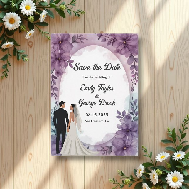 Elegant Romantic Bride Groom Purple Floral Wedding Save The Date (Creator Uploaded)
