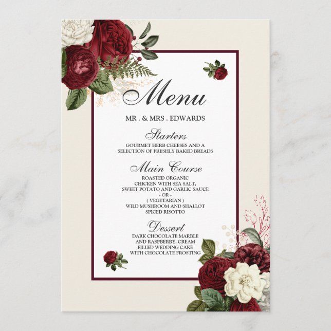 Elegant Romantic Burgundy All Occasions Menu (Front)