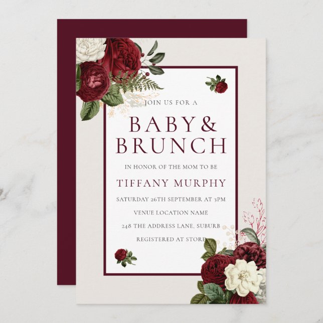 Elegant Romantic Burgundy Floral Baby Shower Invitation (Front/Back)