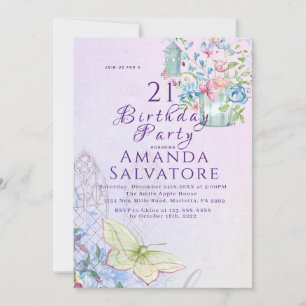 Elegant Romantic Butterfly Flowers 21st Birthday Invitation