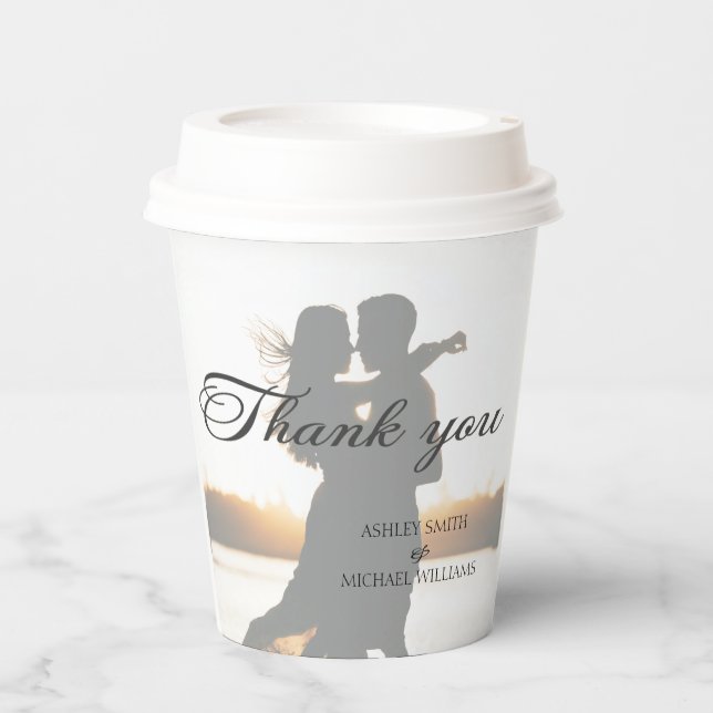 Elegant Romantic Calligraphic Photo Wedding Paper Cups (Front)