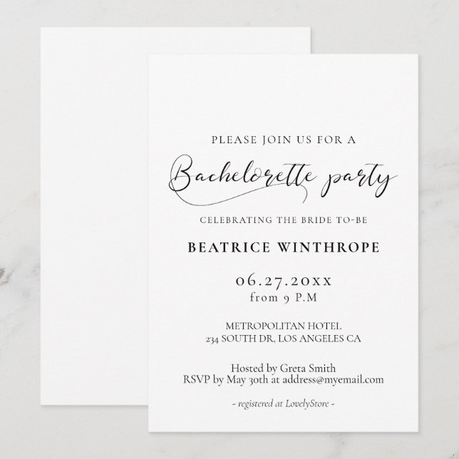 Elegant romantic calligraphy Bachelorette Party Invitation (Front/Back)