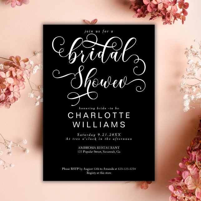  Elegant Romantic Calligraphy Black Bridal Shower Invitation (Creator Uploaded)