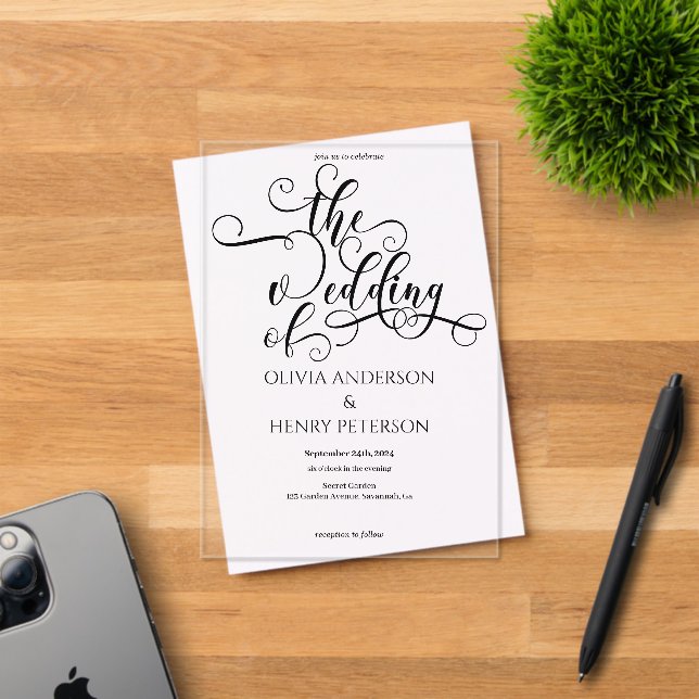 Elegant Romantic Calligraphy Wedding  Acrylic Invitations (Insitu (Invitation Card))
