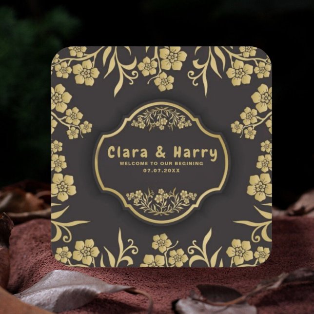 Elegant romantic champagne gold  floral wedding  square paper coaster (Creator Uploaded)