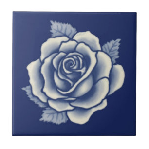 Elegant Romantic Chic Blue Floral Damask Rose Ceramic Tile