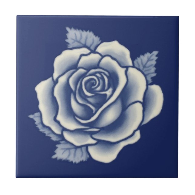 Elegant Romantic Chic Blue Floral Damask Rose Ceramic Tile (Front)