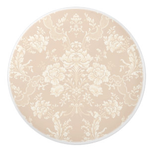 Elegant Romantic Chic Floral Damask-Cream Ceramic Knob