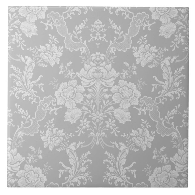 Elegant Romantic Chic Floral Damask-Grey Ceramic Tile (Front)