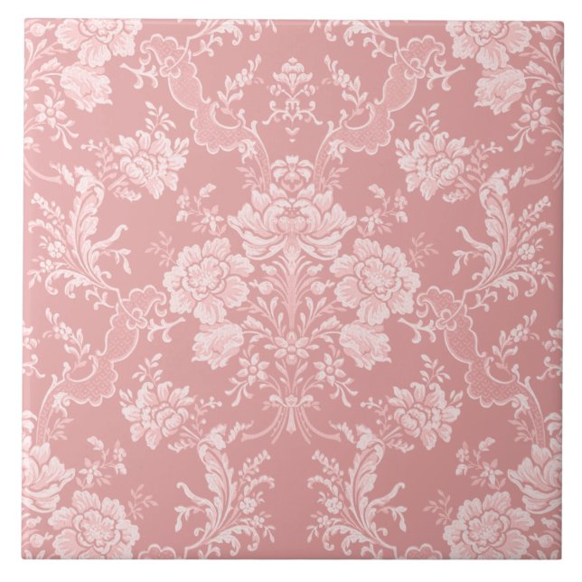 Elegant Romantic Chic Floral Damask-Pastel Pink Ceramic Tile (Front)