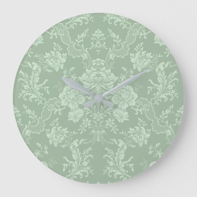 Elegant Romantic Chic Floral Damask-Sage Green Large Clock (Front)