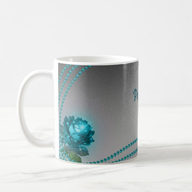 Elegant Romantic Crystal Blue Rose Pearls Chic Coffee Mug (Left)
