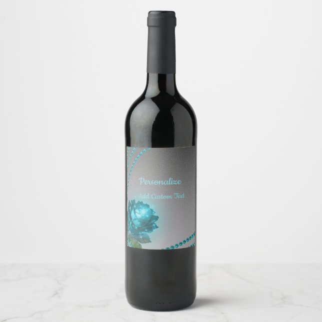 Elegant Romantic Crystal Blue Rose Pearls Chic Wine Label (Front)