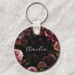 Elegant Romantic Dark Pink Burgundy Botanical Key Ring