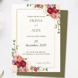 Elegant Romantic Dark Red Flower Wedding Invitation