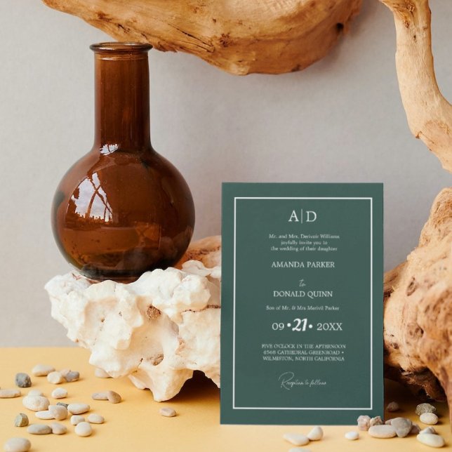 Elegant & Romantic Emerald green Monogram Wedding  Invitation (Creator Uploaded)