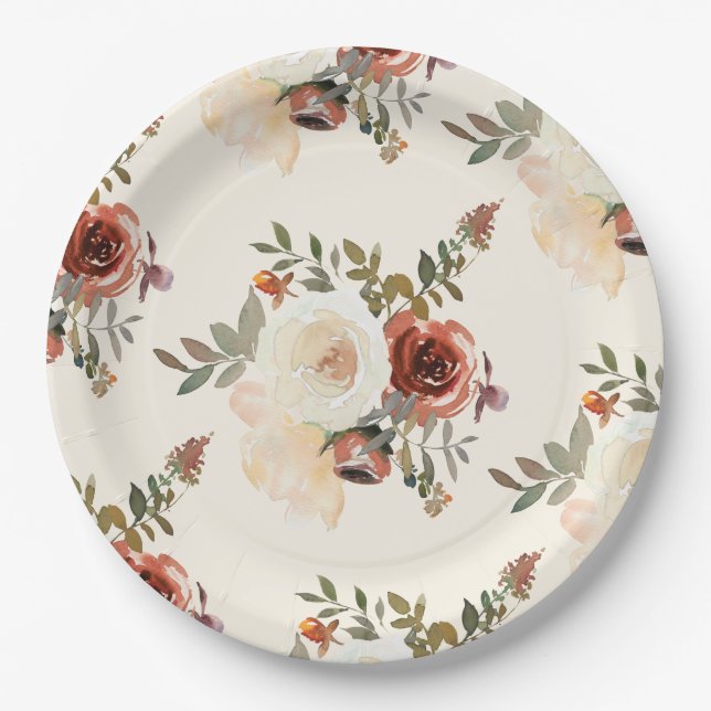 Elegant Romantic Fall Floral Red Wedding Paper Plate (Front)