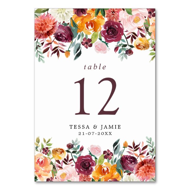 Elegant Romantic Fall Floral Table Number Card (Front)