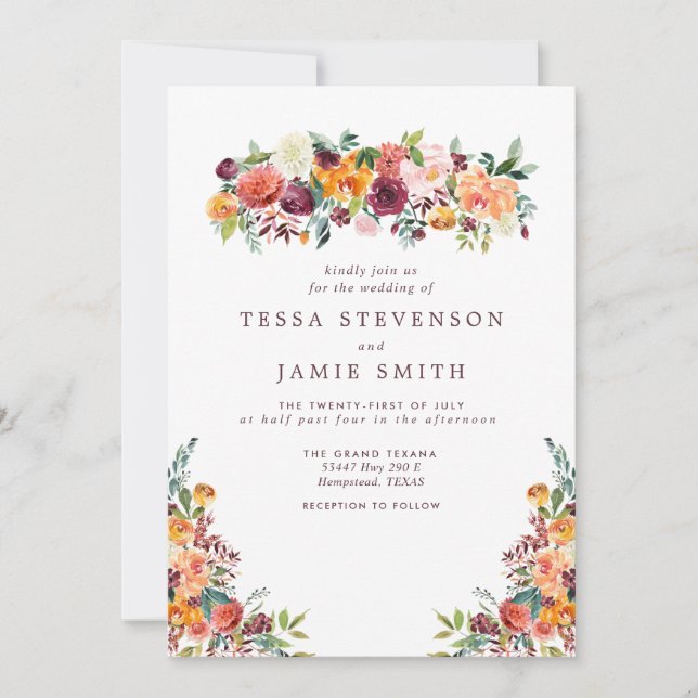 Elegant Romantic Fall Floral Wedding Invitation (Front)