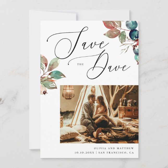Elegant Romantic Fall Wedding | Watercolor Photo Save The Date (Front)
