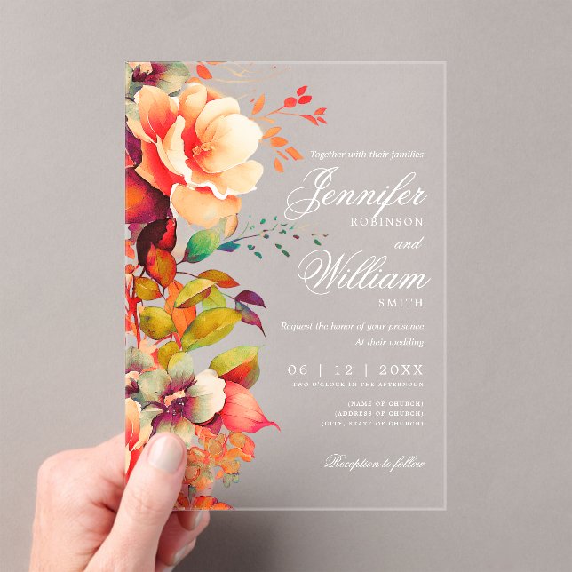 Elegant Romantic Floral Autumn Fall Wedding  Acrylic Invitations (Insitu (Handheld))