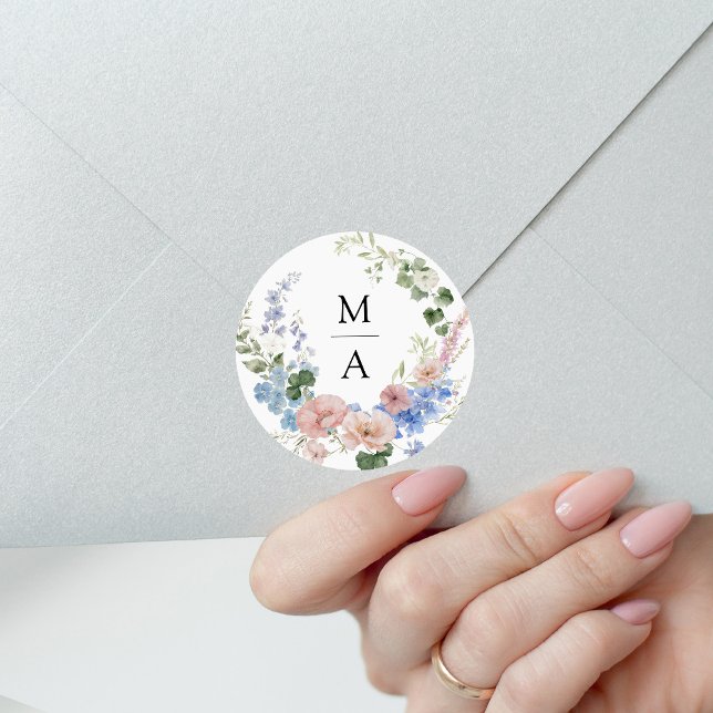 Elegant Romantic Floral Monogram Wedding Classic Round Sticker (Creator Uploaded)