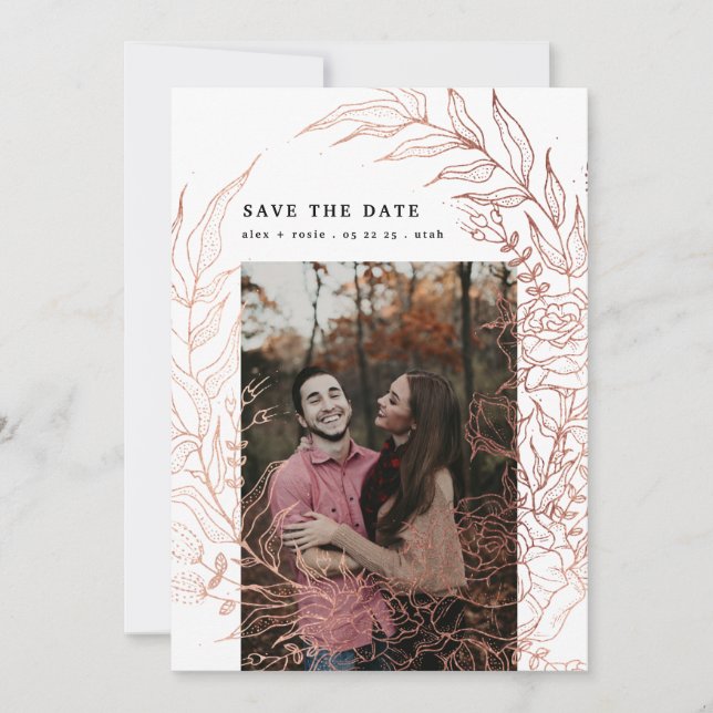 Elegant Romantic Floral Rose Gold Wreath Wedding Save The Date (Front)