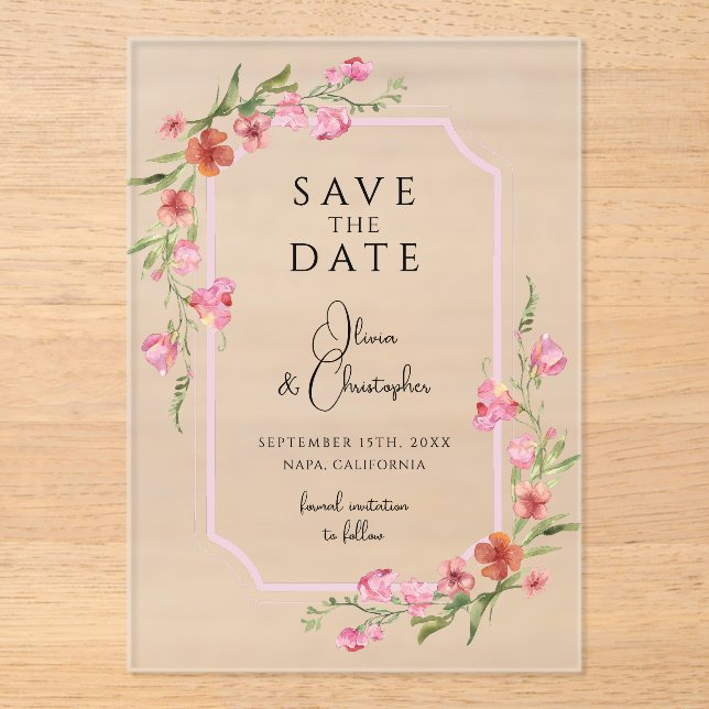 Elegant Romantic Floral Save The Date Acrylic Invitations (Front)