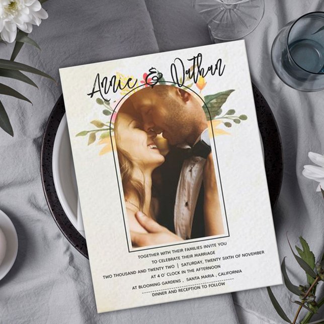  Elegant Romantic Floral Script Arch Photo Wedding Postcard (Creator Uploaded)