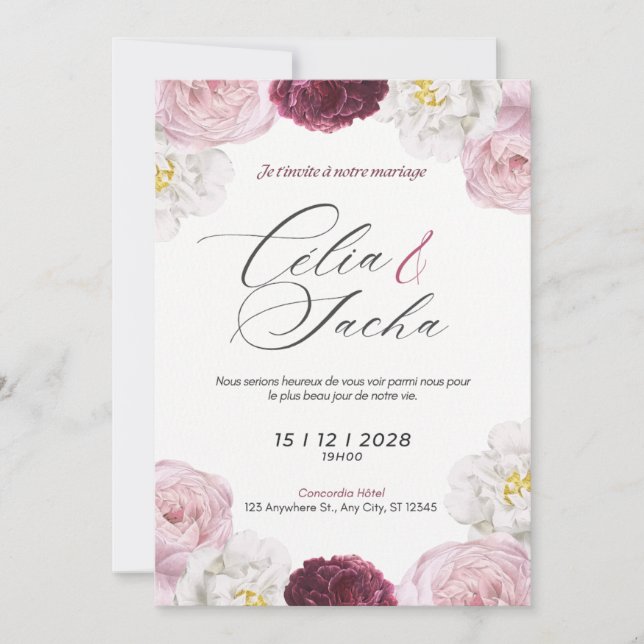 Elegant Romantic Floral Wedding Invitation Card (Front)