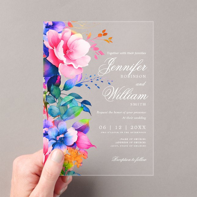 Elegant Romantic Floral Wedding Script Rainbow Acrylic Invitations (Insitu (Handheld))