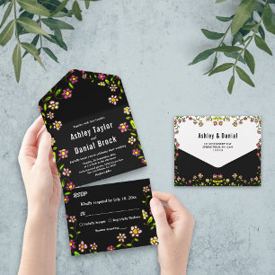 Elegant Romantic Glow Flowers Boho Floral Wedding All In One Invitation