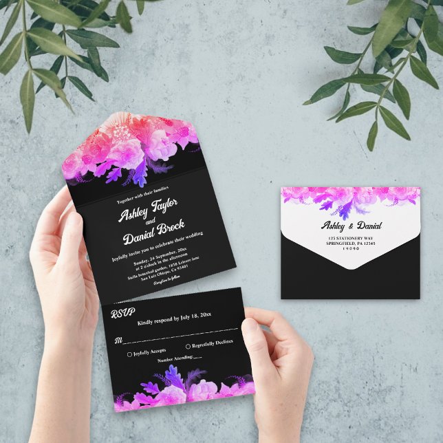 Elegant Romantic Glow Roses Neon Floral Wedding All In One Invitation (Creator Uploaded)