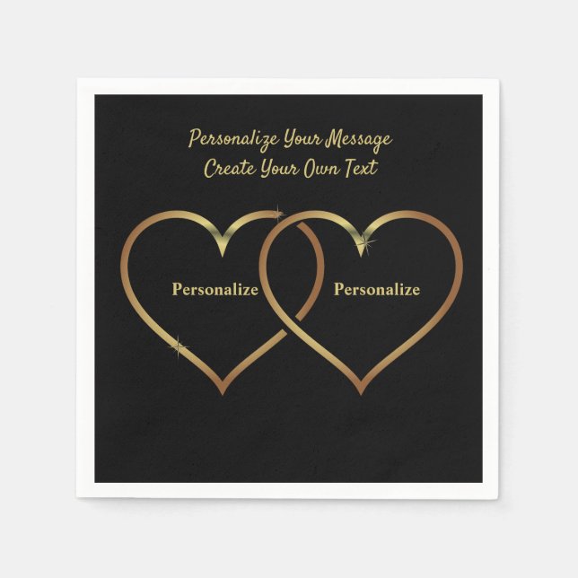 Elegant & Romantic Gold Hearts Black Personalise Napkin (Front)
